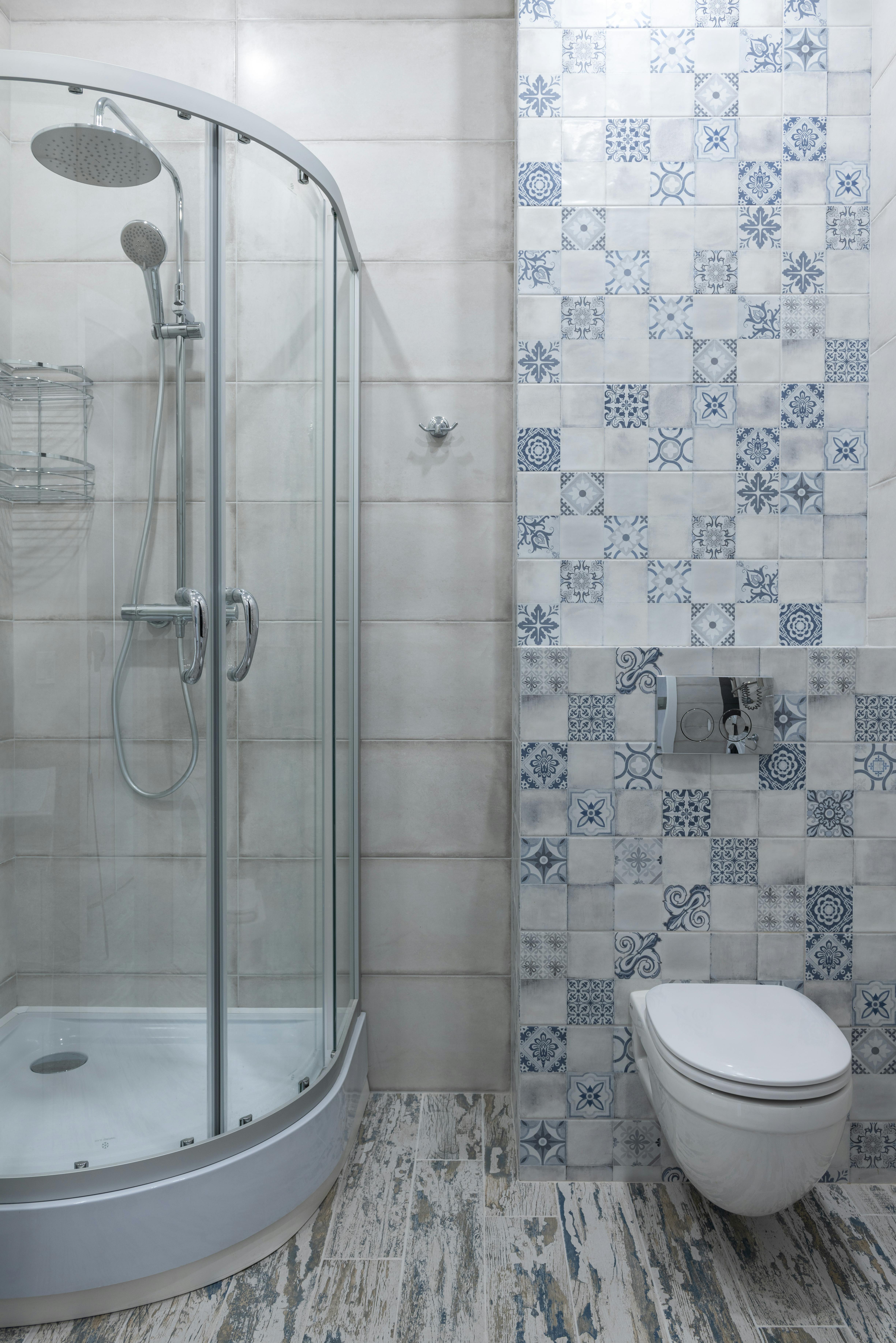 Blue patterned tile feature wall